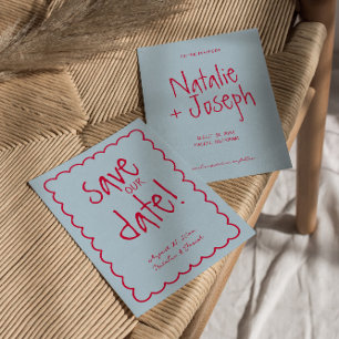 Hand geschreven kleurrijke retro funky moderne bru save the date