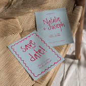 Hand geschreven kleurrijke retro funky moderne bru save the date