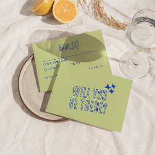 Hand geschreven kleurrijke retro funky unieke brui RSVP kaartje