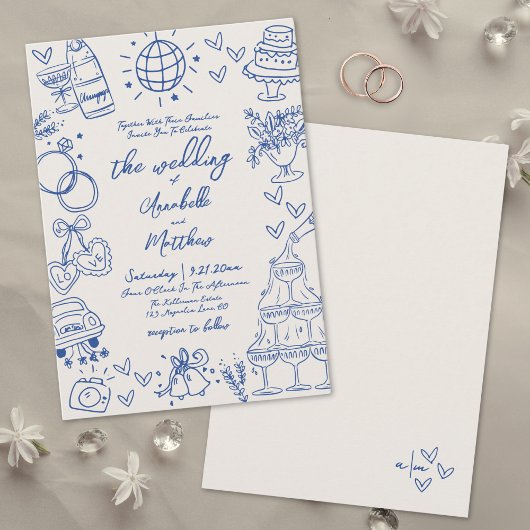 Hand getekend Blauw Whimsical Wedding Kaart