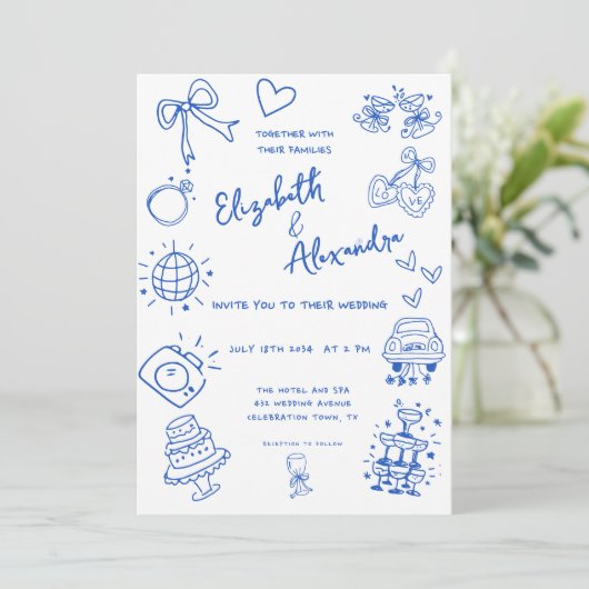 Hand getekend eigenzinnige Franse blauwe bruiloft Kaart (Staand voorkant)