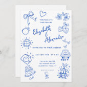 Hand getekend eigenzinnige Franse blauwe bruiloft Kaart (Voorkant / Achterkant)