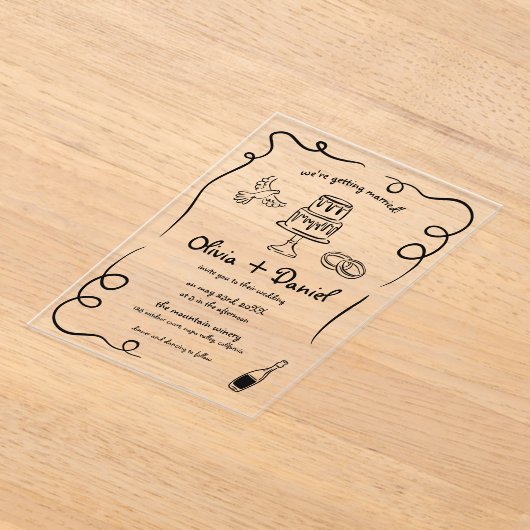 Hand getekend  Frans zwart grillige bruiloft Acryl Uitnodigingen (Laagn)