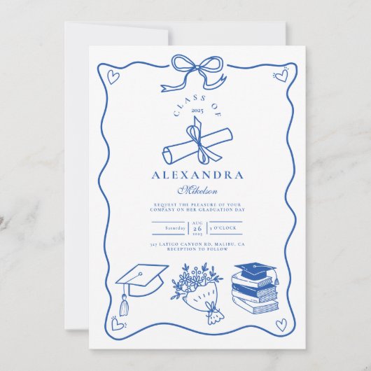 Hand getekend geïllustreerd blauw afstudeerfeest kaart (Voorkant)