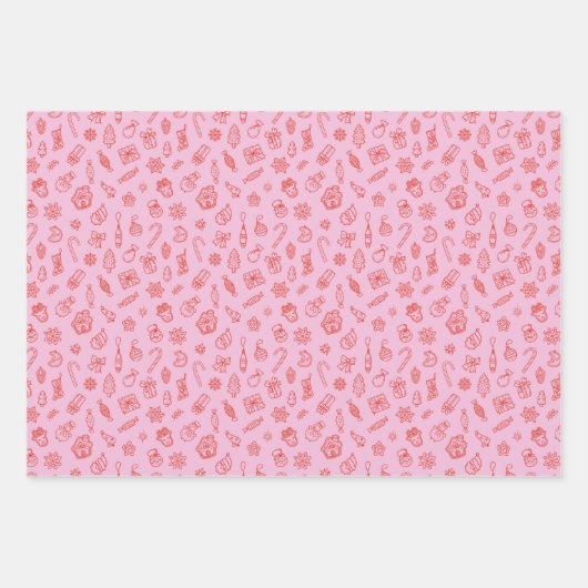 Hand getekend Kerst Roze en Rood Inpakpapier (Voorkant)