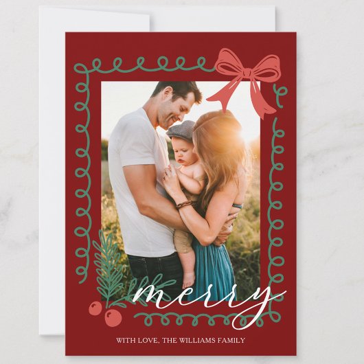 Hand getekend rood en groen vrolijk feestdagenkaart