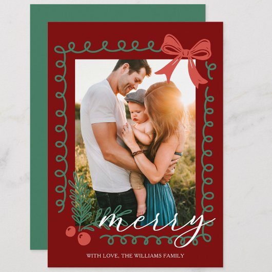 Hand getekend rood en groen vrolijk feestdagenkaart