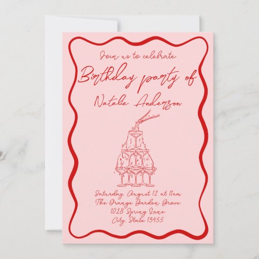 Hand getekend rood roze Wavy 70s foto verjaardagsf Kaart (Voorkant)