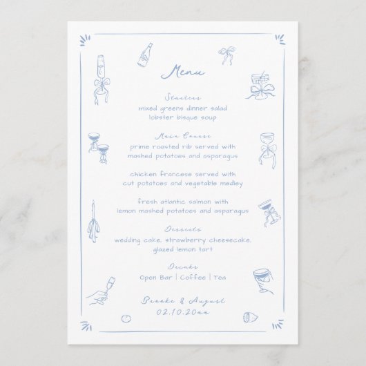 Hand getekend wit en blauw bruiloft menu (Voorkant)