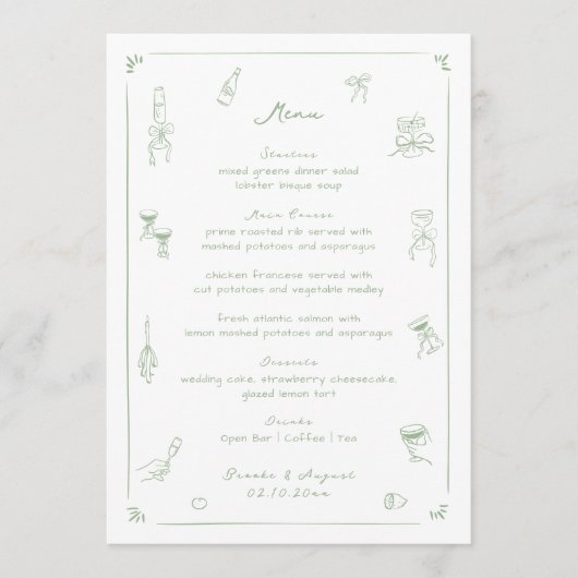 Hand getekend wit en groen huwelijk menu (Voorkant)