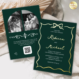 Hand Getekende Boog QR Code Foto Bruiloft Smaragd Folie Uitnodiging