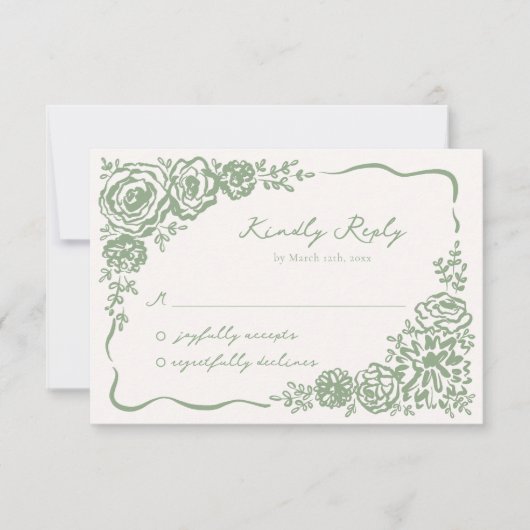 Hand getekende grillige Sage Green Wedding RSVP Kaartje (Voorkant)
