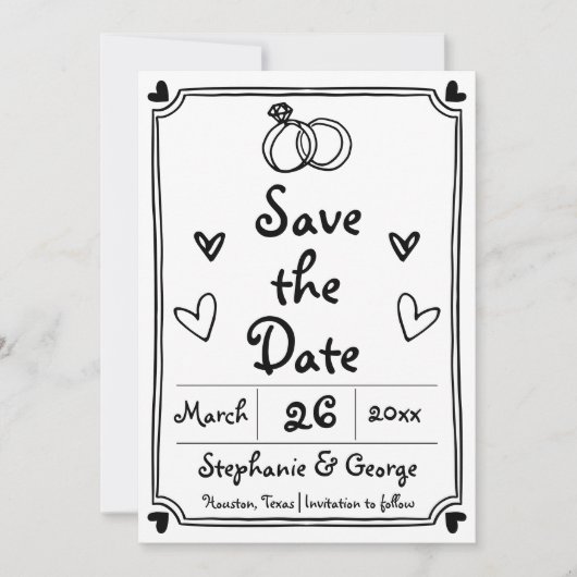 Hand getekende krabbel doodle grillige Frans Save The Date (Voorkant)