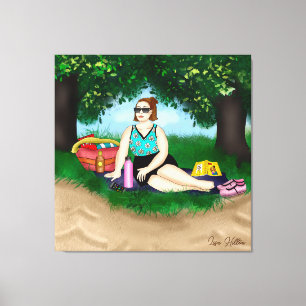Hand-getekende kunst   Vrouw bij strand Canvas Afdruk