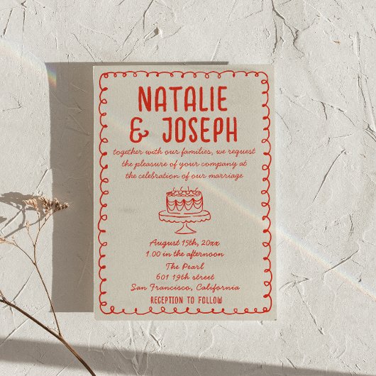 hand getekende rode funky alles in één bruiloft kaart