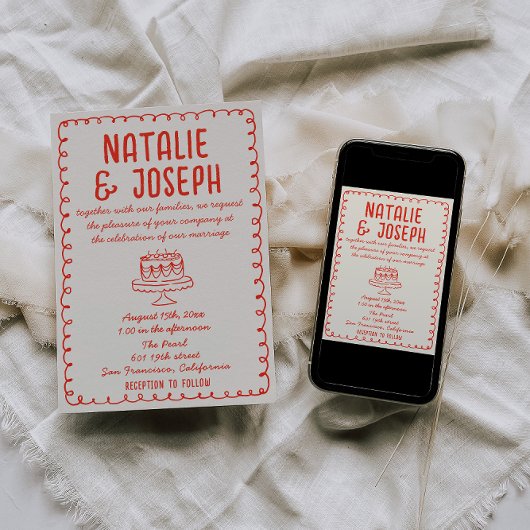 hand getekende rode funky alles in één bruiloft kaart