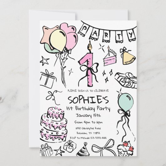 Hand getrokken 1e verjaardag uitnodigen, Doodle ve Kaart (Voorkant)