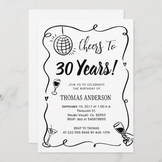 Hand getrokken 30e verjaardag feest vieren kaart (Voorkant / Achterkant)
