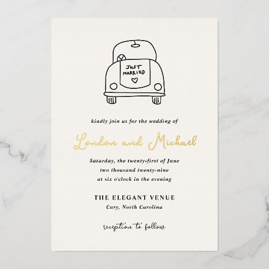 Hand getrokken auto Doodle Moderne bruiloft Folie Uitnodiging (Voorkant)