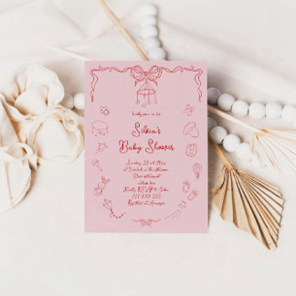 Hand getrokken Baby shower, boog baby meisje handg Kaart