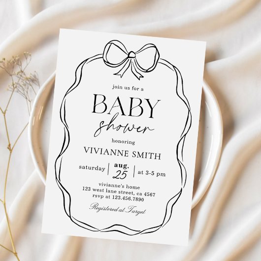 Hand getrokken Black Bow Baby Meisje Douche Kaart