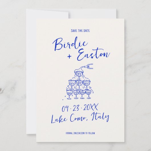 Hand getrokken Blauwe Squiggle Champagne Tower Bru Save The Date (Voorkant)
