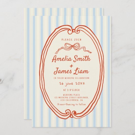 Hand getrokken Blauwe strepen Eigenzinnige bruilof Kaart (Voorkant / Achterkant)