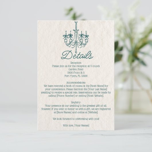 Hand Getrokken Blauwgroen Kroonluchter Wedding De Informatiekaartje (Staand voorkant)