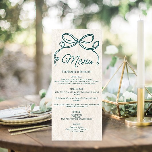  Hand Getrokken Blauwgroen Retro Ribbon Bow Weddin Menu