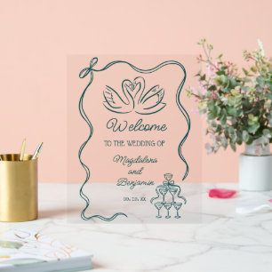  Hand Getrokken Blauwgroen Retro Wedding Welkom Acryl Bord