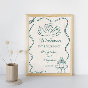  Hand Getrokken Blauwgroen Retro Wedding Welkom Poster