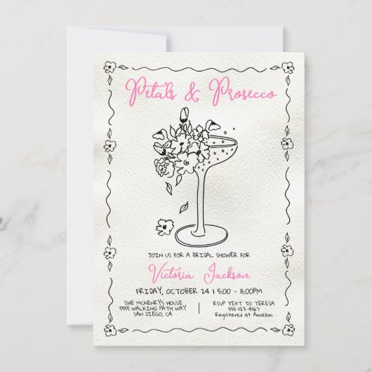 Hand getrokken bloemblaadjes en Presecco Vrijgezel Kaart (Voorkant)