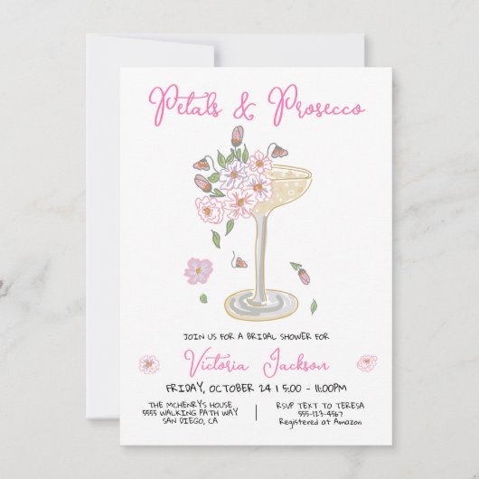 Hand getrokken bloemblaadjes en Presecco Vrijgezel Kaart (Voorkant)