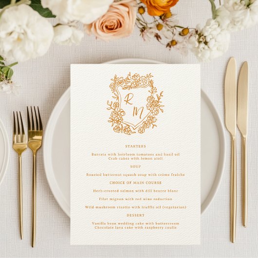 Hand getrokken Bloemen Sinaasappel Monogram Crest Menu