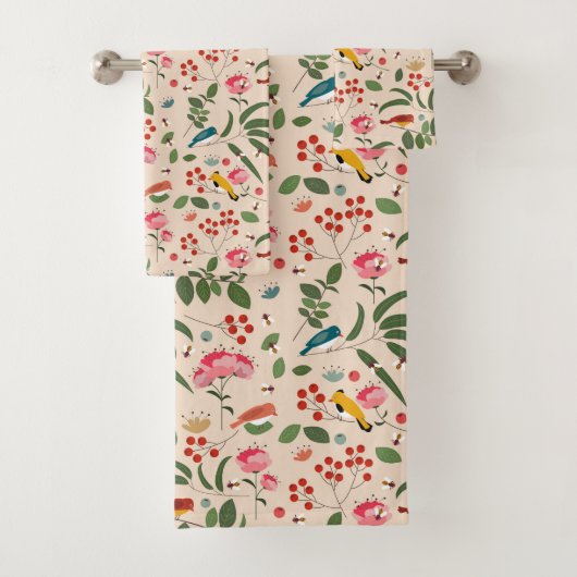 Hand getrokken Bloemen Vogels Bijen Botanische Pat Bad Handdoek (Insitu)