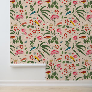Hand getrokken Bloemen Vogels Bijen Botanische Pat Behang