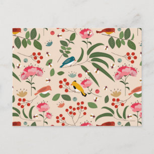 Hand getrokken Bloemen Vogels Bijen Botanische Pat Feestdagenkaart