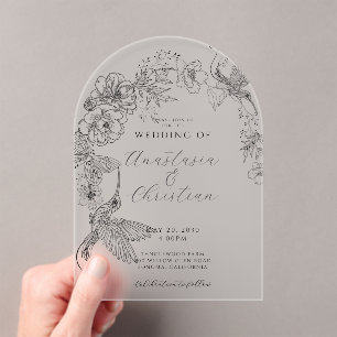 Hand getrokken Bloemen Vogels Botanische bruiloft Acryl Uitnodigingen