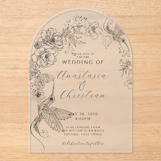 Hand getrokken Bloemen Vogels Botanische bruiloft Acryl Uitnodigingen (Voorkant)