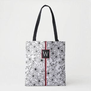 Hand getrokken Bloemen Wit Zwart Patroon en Monogr Draagtas