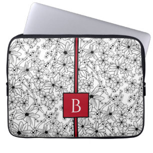 Hand getrokken Bloemen Wit Zwart Patroon en Monogr Laptop Sleeve