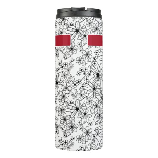 Hand getrokken Bloemen Wit Zwart Patroon & Rode Na Thermosbeker (Achterkant)