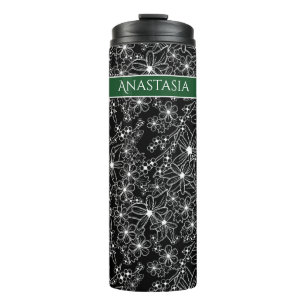 Hand getrokken Bloemen Zwart Wit Patroon & Groene Thermosbeker