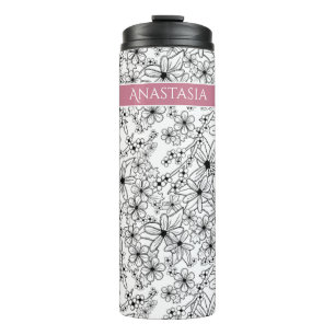 Hand getrokken bloemenwit zwart patroon & roze naa thermosbeker