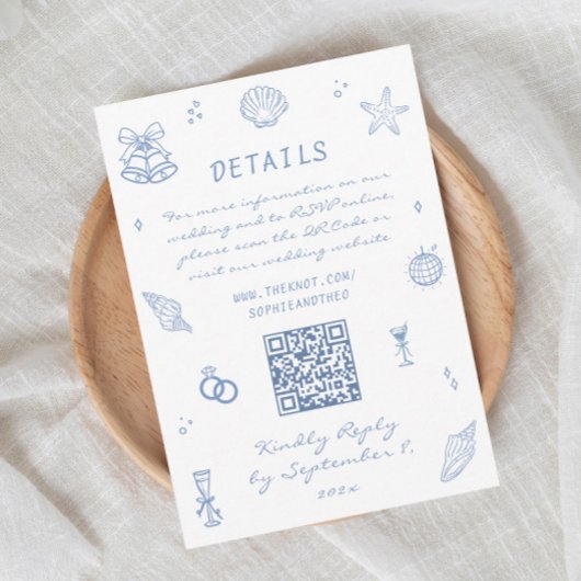Hand getrokken Blue Coastal Wedding Details QR Cod Informatiekaartje