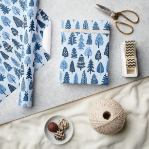 Hand getrokken Bomen Blauwe Kerstmis Cadeaupapier