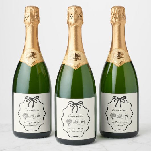 Hand Getrokken Boog Bloemen Bruidsmeisje Voorstel Sparkling Wijnetiket (Flessen)