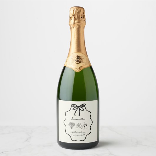 Hand Getrokken Boog Bloemen Bruidsmeisje Voorstel Sparkling Wijnetiket (Voorkant)
