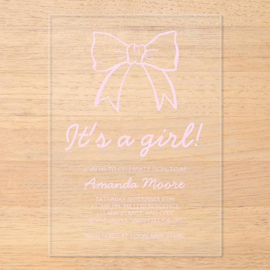 Hand getrokken boog Elegant Script Girl Baby showe Acryl Uitnodigingen (Voorkant)