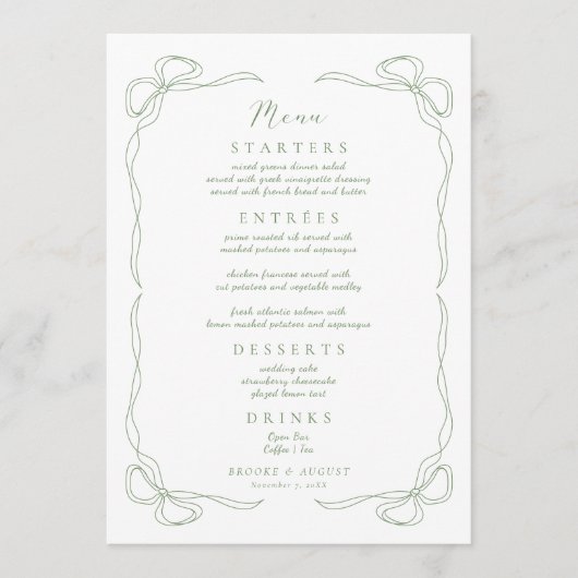 Hand getrokken boog groen bruiloft menu (Voorkant)
